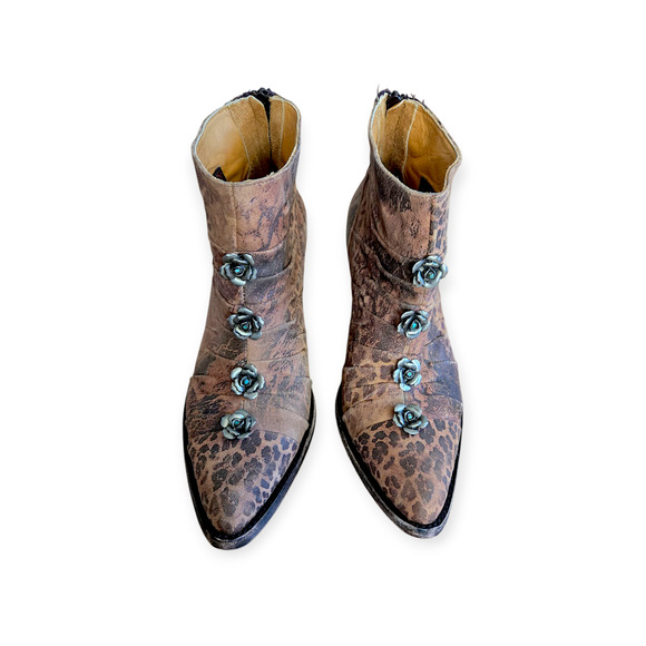 Old Gringo Leopard Print Brown Floral Distressed Leather Booties - Picture 2 of 7